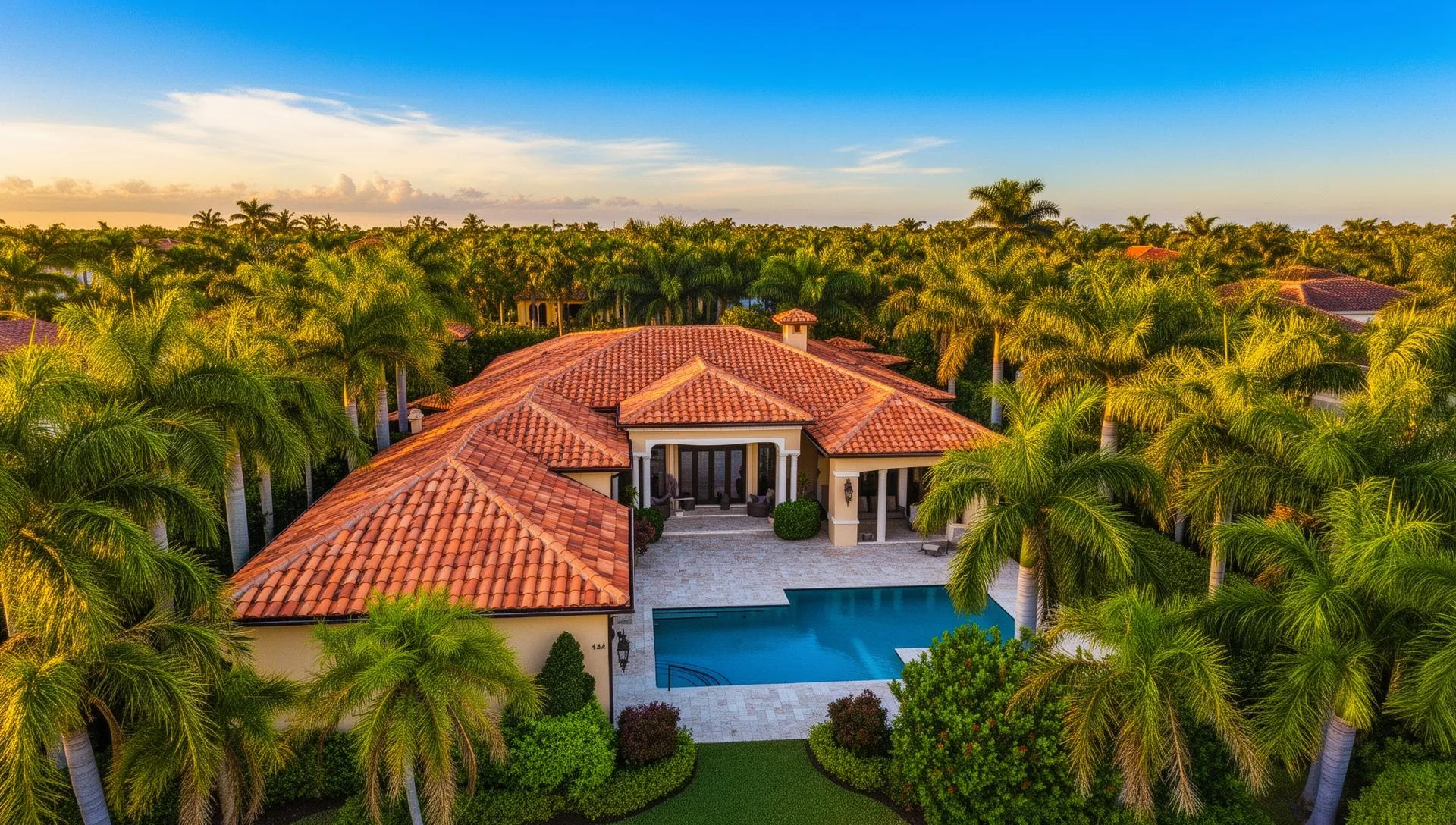 Aerial view of a South Florida roof being assessed for hurricane storm damage and insurance claim